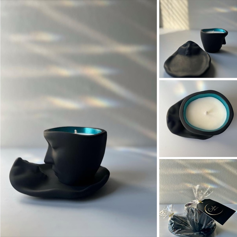 Chic Black and Blue Kissing Faces Candle Holder